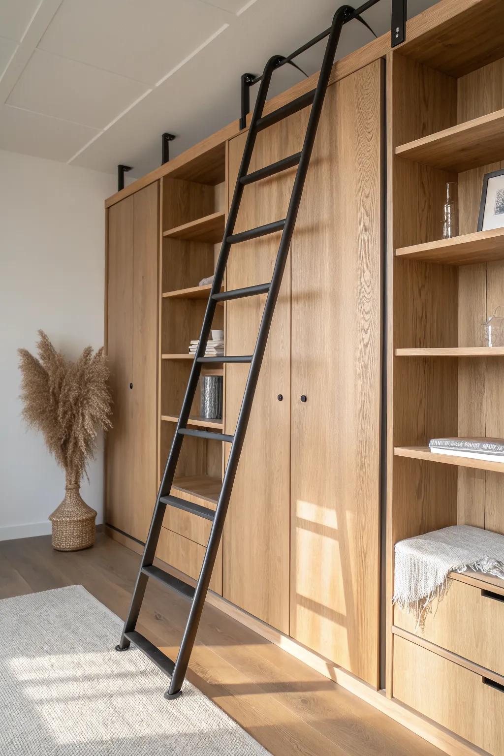 A rolling wood ladder adds dramatic wow-factor—and makes top closet shelves effortless to reach.