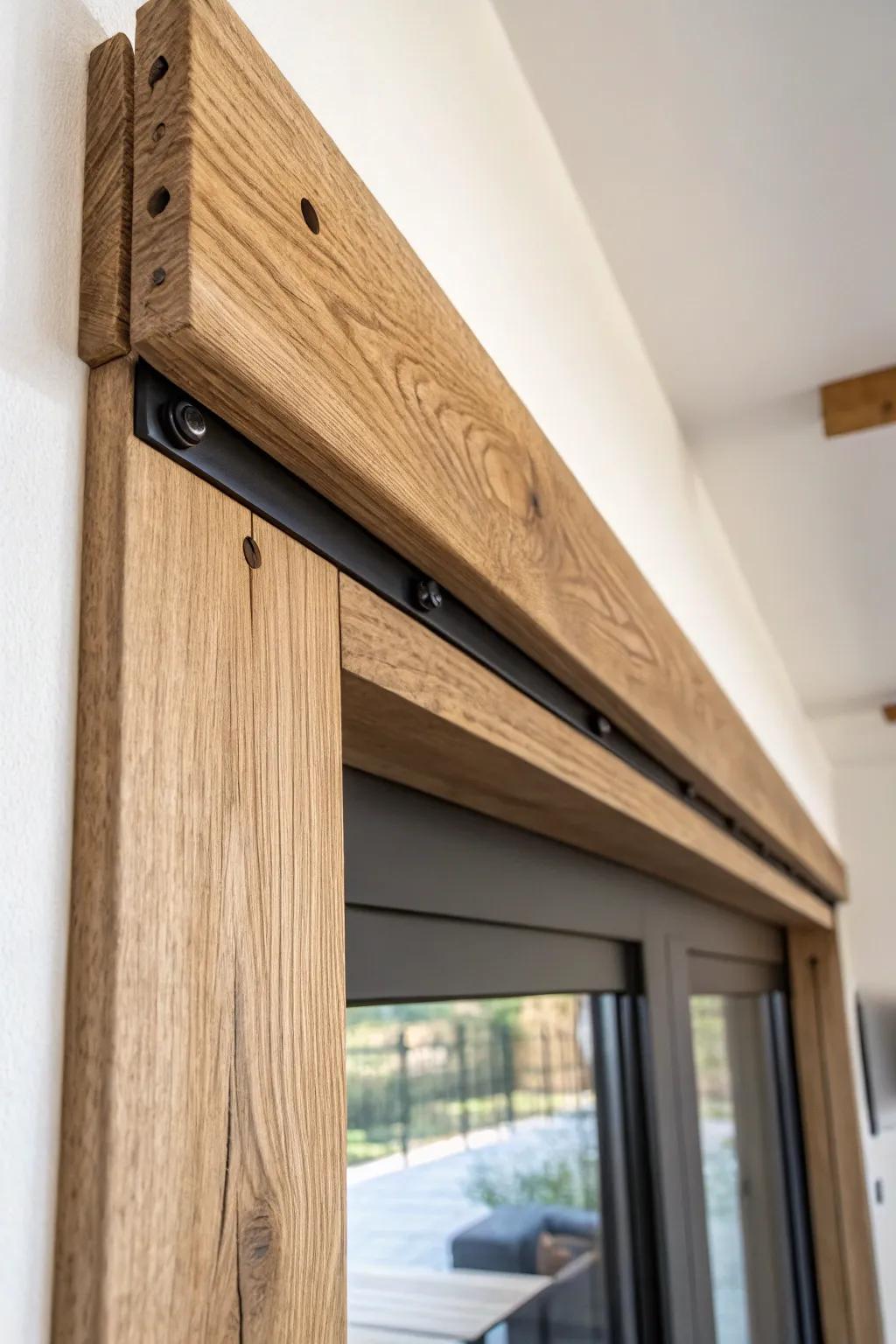 Chunky oak wall beam that looks structural—while neatly hiding a sliding door track.