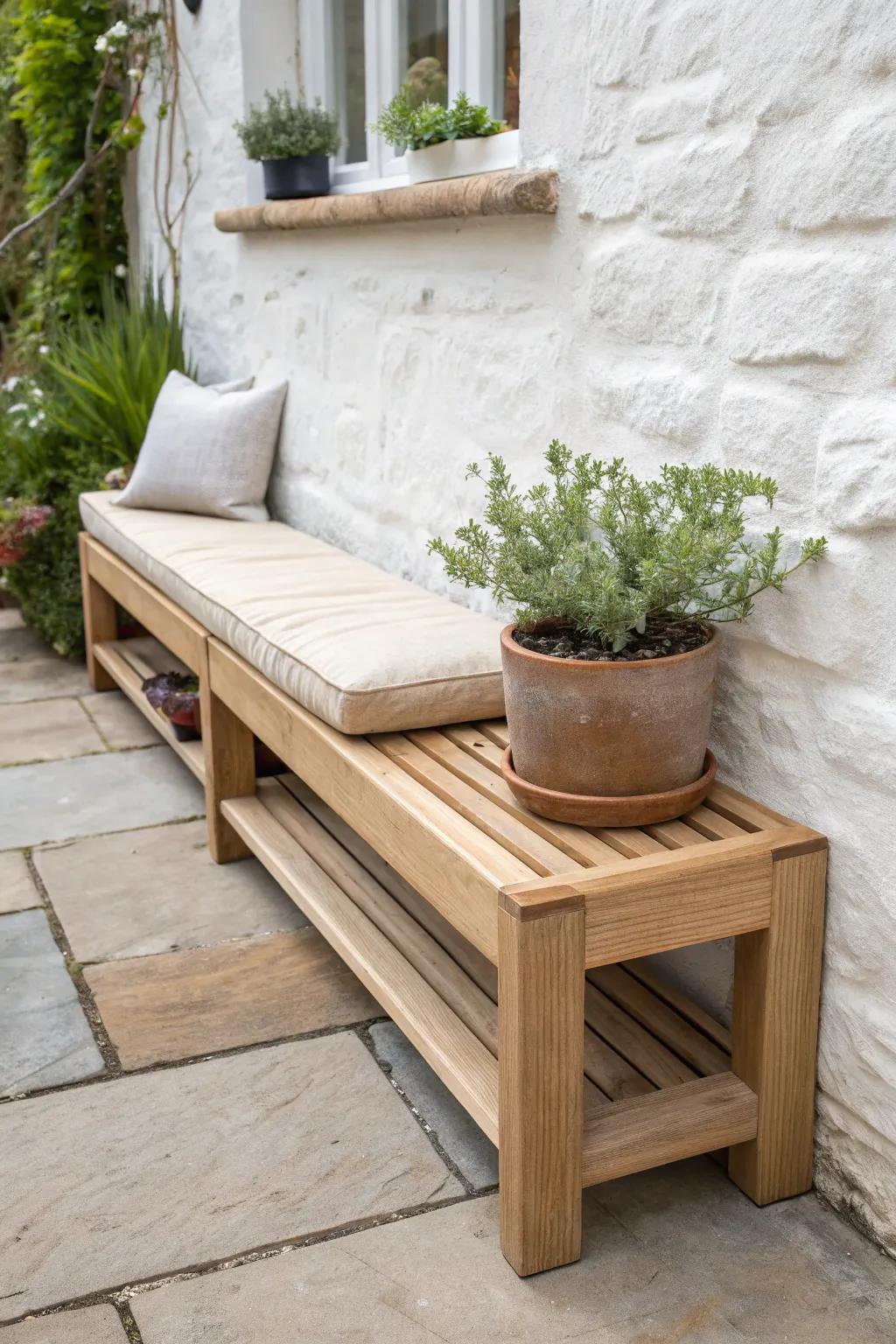A floating oak wall bench with planter-style ends—minimal, warm, and beautifully alive.