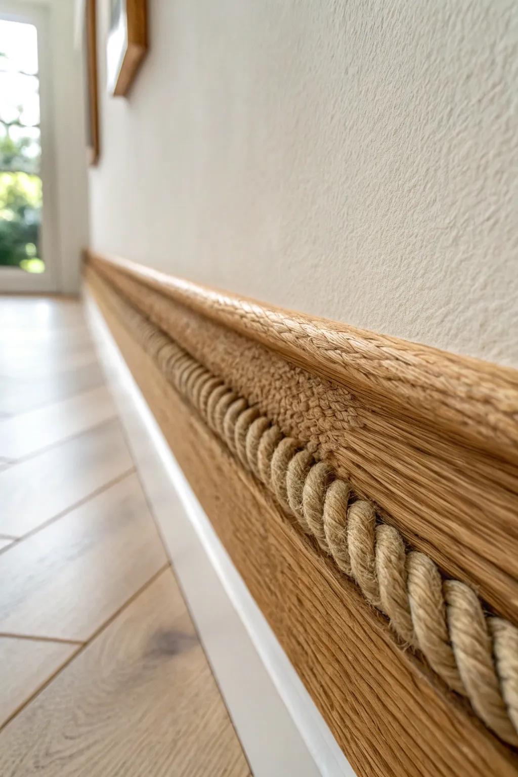 Rope-wrapped jute trim on oak—an easy wall border idea with cozy texture and clean lines.