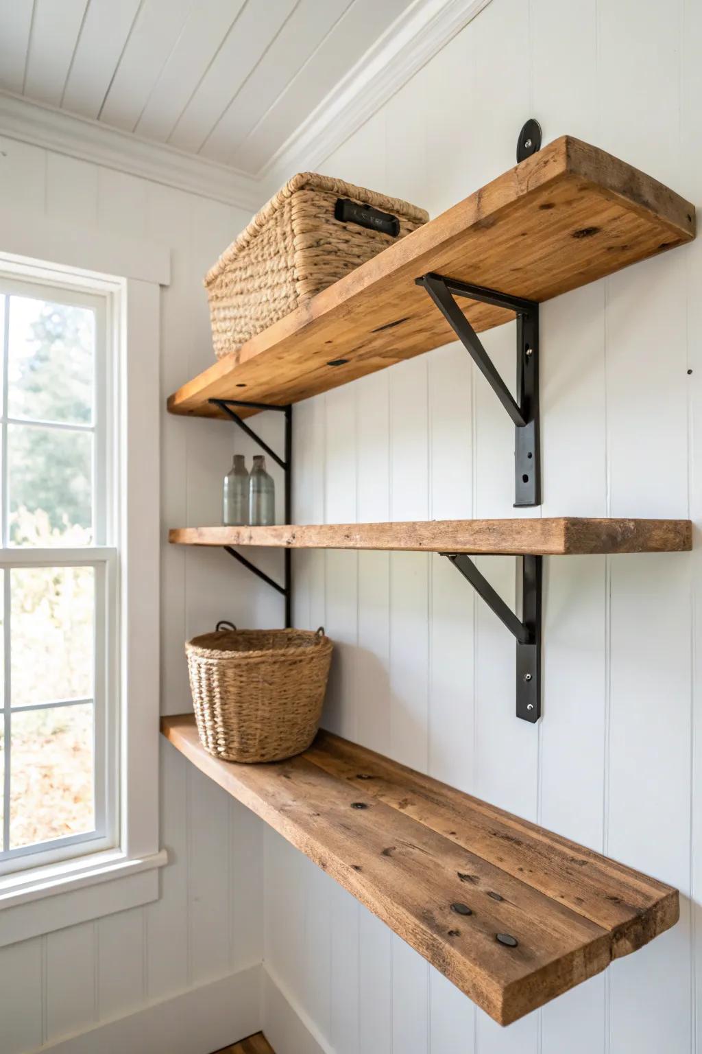 Reclaimed wood wall shelf brings farmhouse warmth and tidy, intentional garage storage.