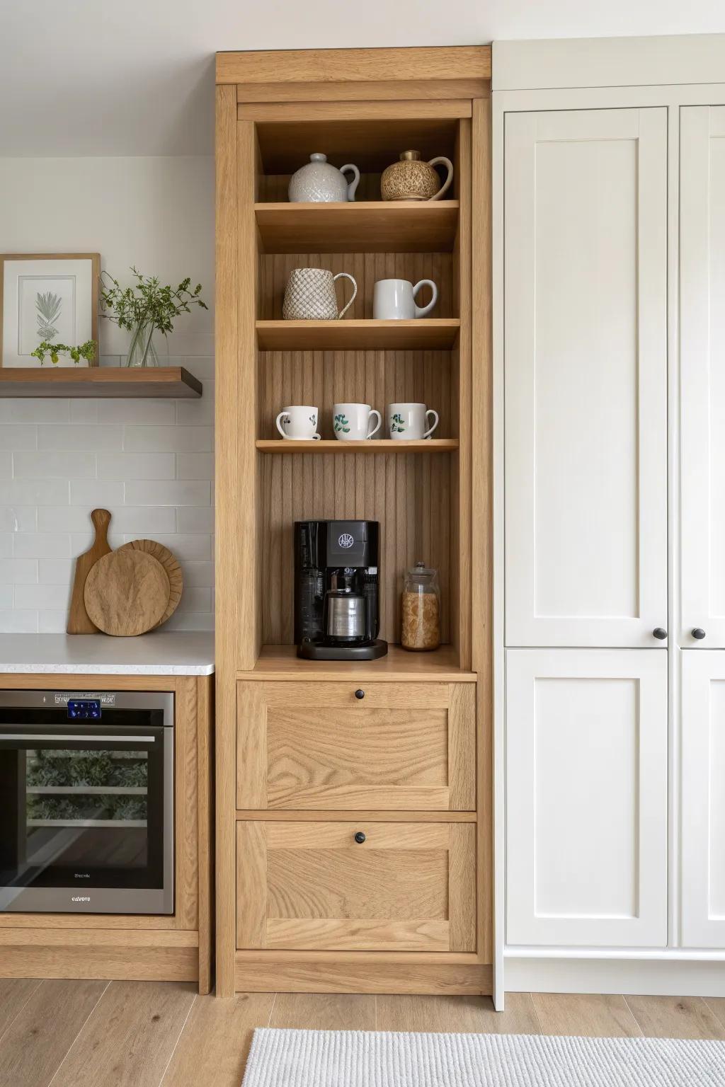 A built-in oak coffee nook beside the wall oven cabinet—cubbies for mugs, calm morning ritual.