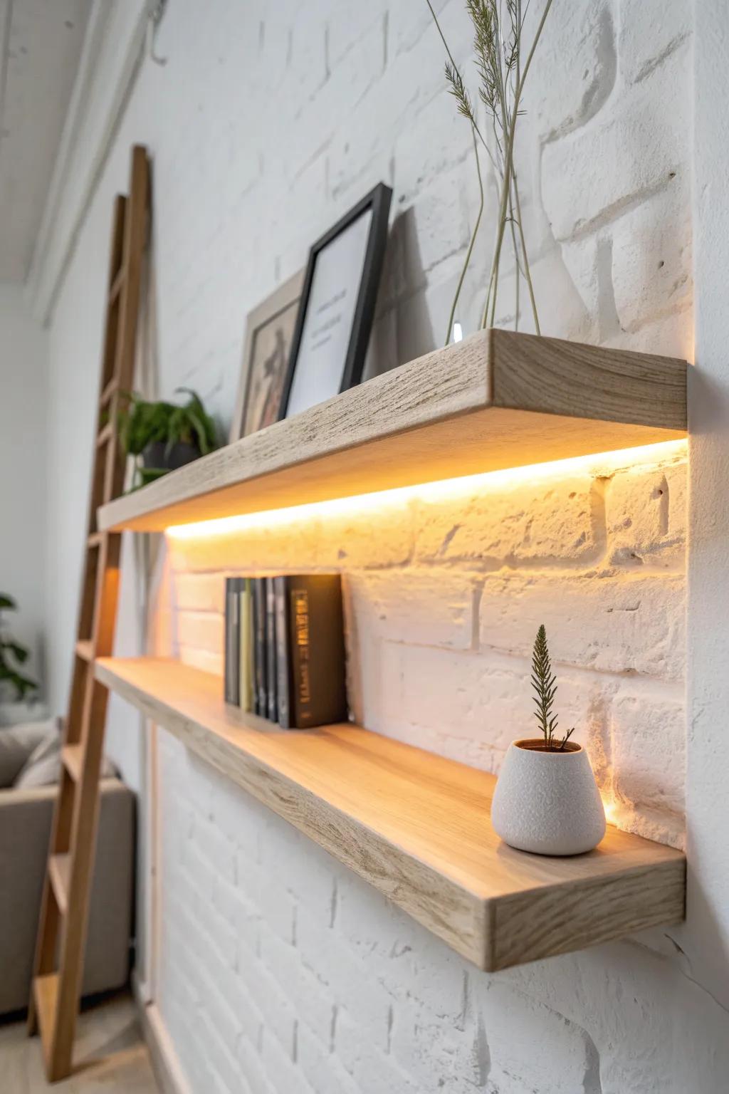 A floating shelf that glows through the grain—hidden LEDs behind translucent wood magic.