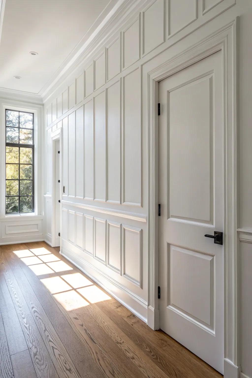 Hidden door magic: matching wall trim molding makes the doorway disappear into the paneling.