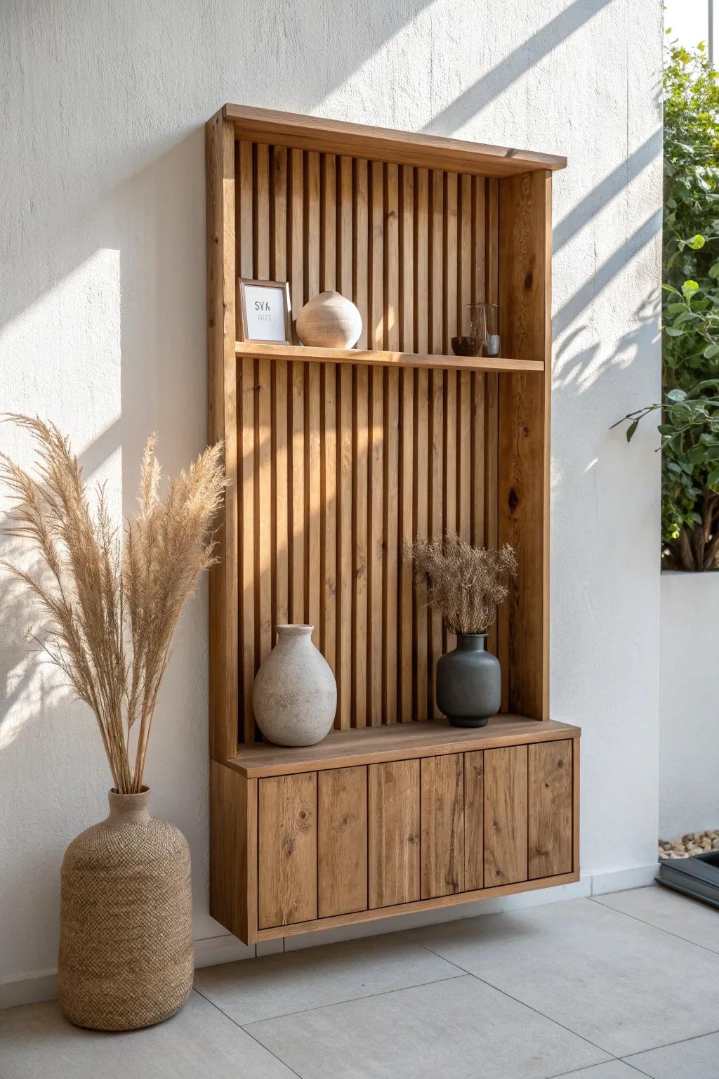 Reclaimed wood slats add instant depth and shadow—making simple wall unit styling feel bespoke.