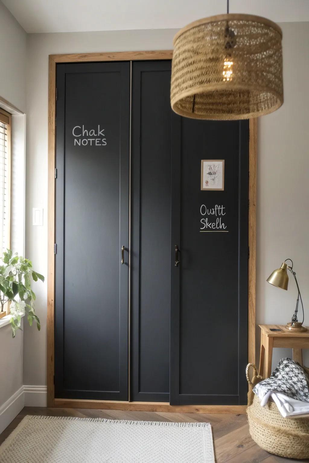 Chalkboard wardrobe doors framed in oak—write outfits, reminders, and lists in style.