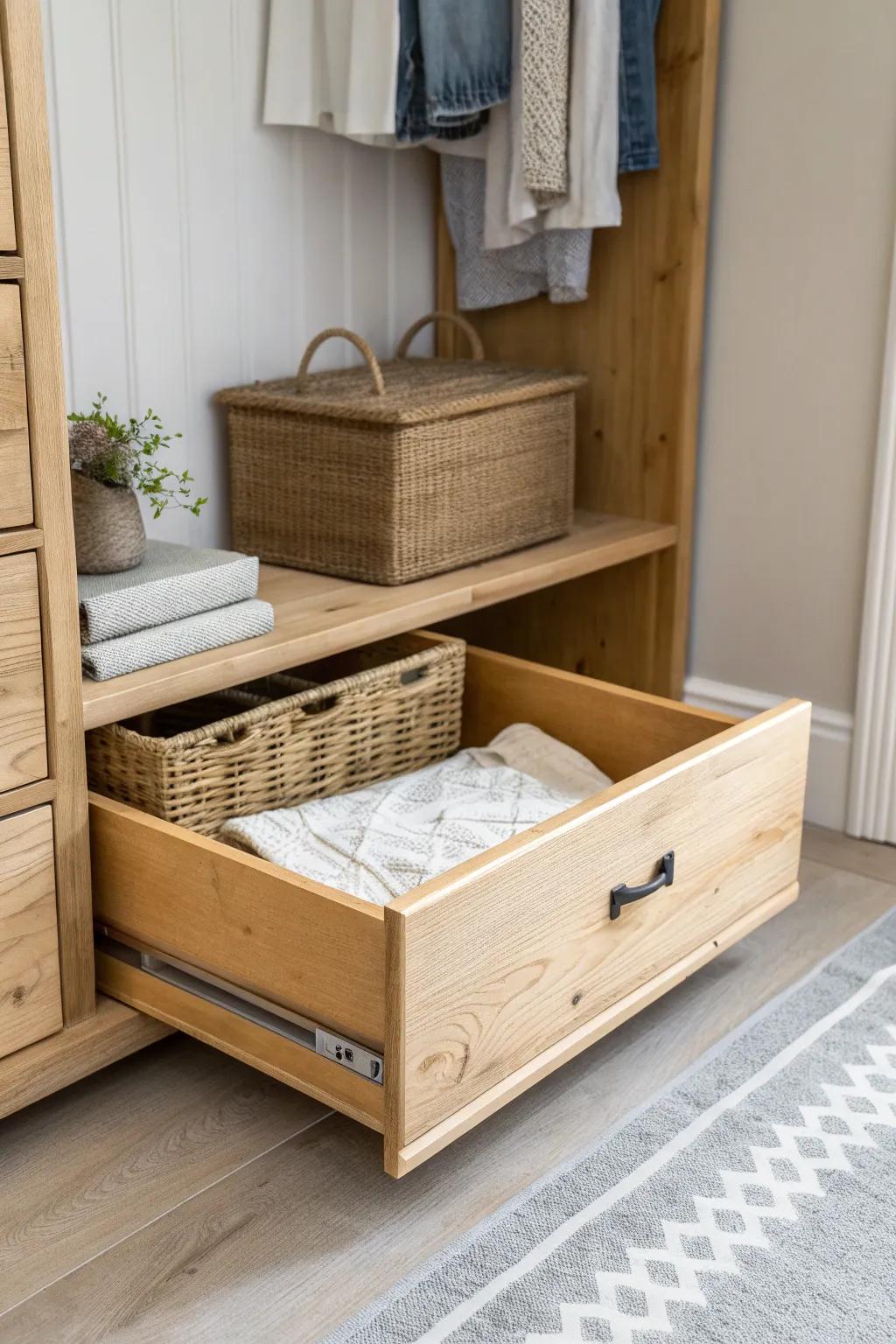 DIY sliding crate drawer from scrap wood—rustic built-in storage with clean, minimalist style.