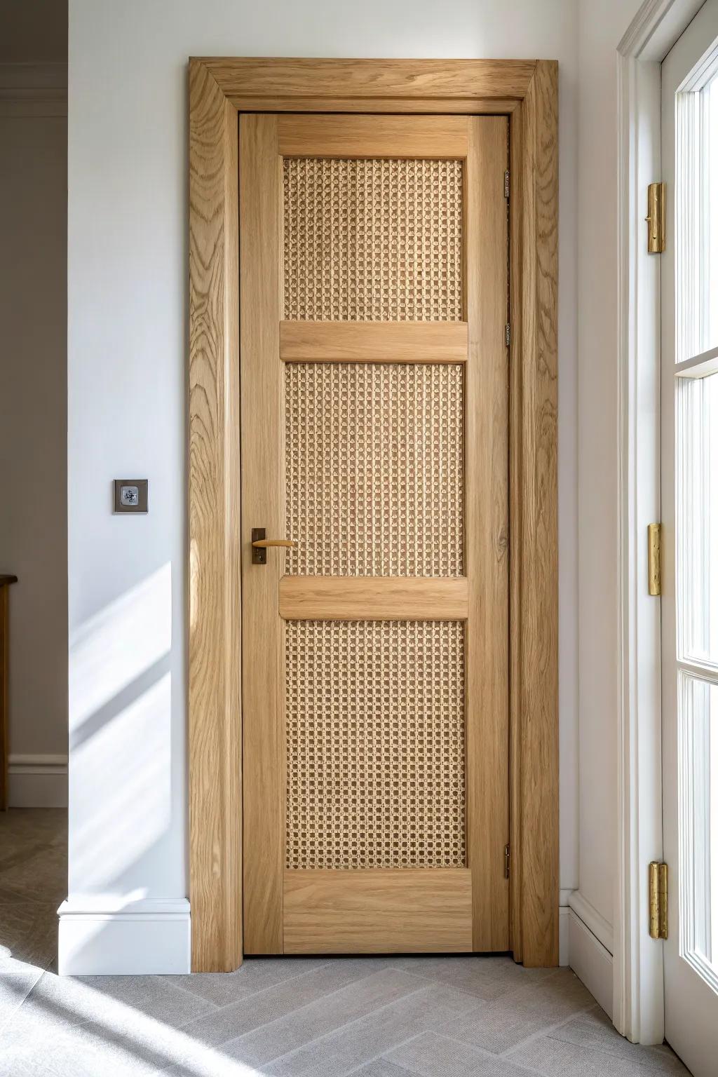 Cane webbing makes a water closet door feel airy—ventilated, warm, and still private.