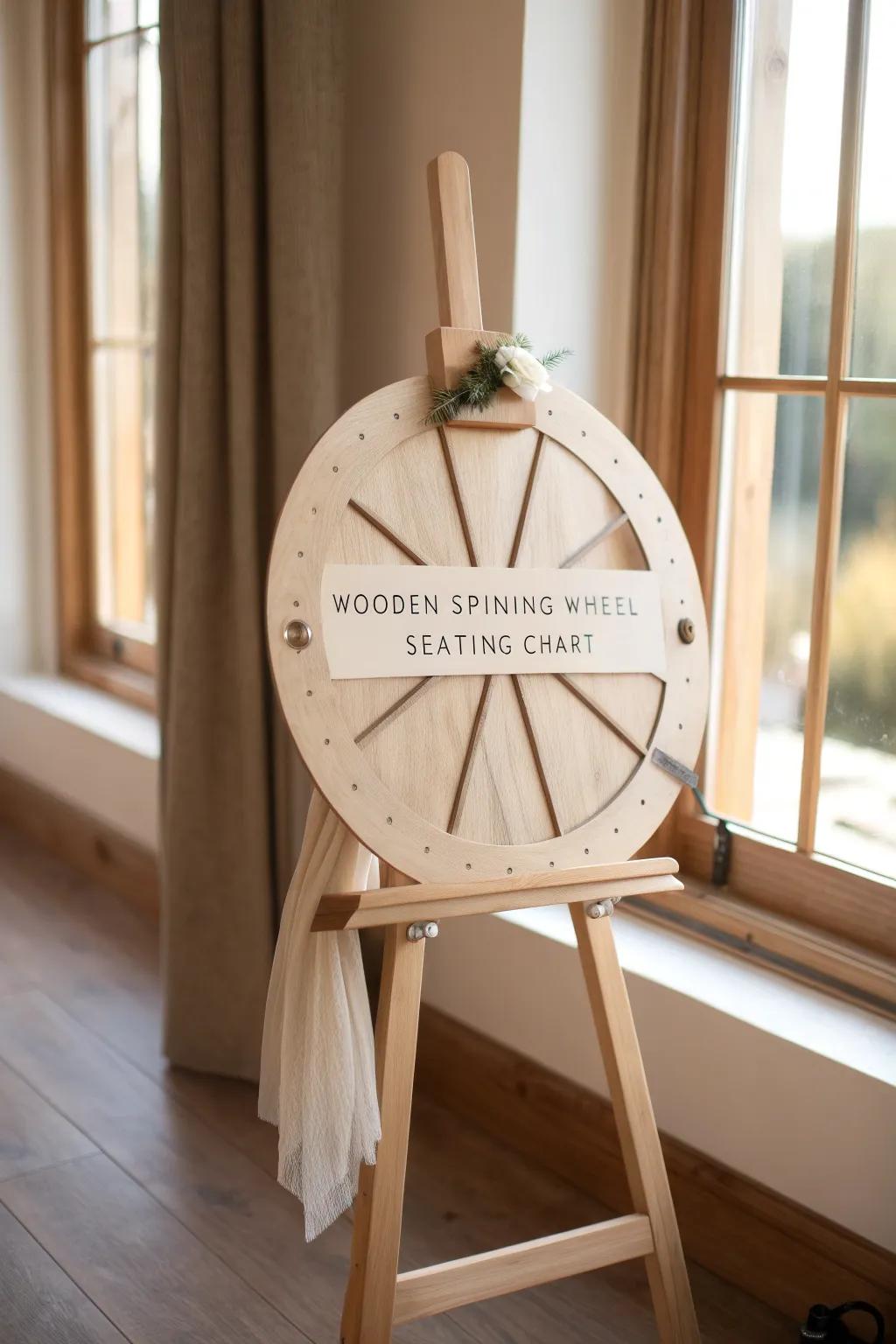 A handcrafted spinning wheel seating chart on a solid wood easel—interactive and elegant.