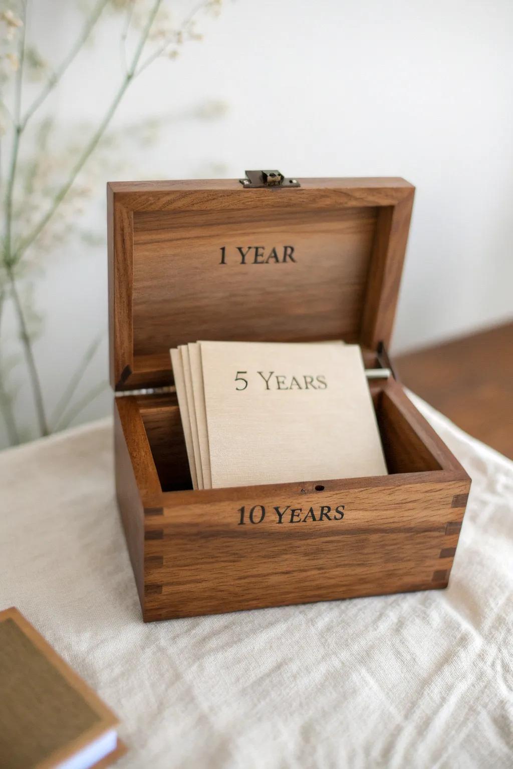 Handcrafted anniversary time capsule box—fill it with notes and tokens for 1, 5 & 10 years.