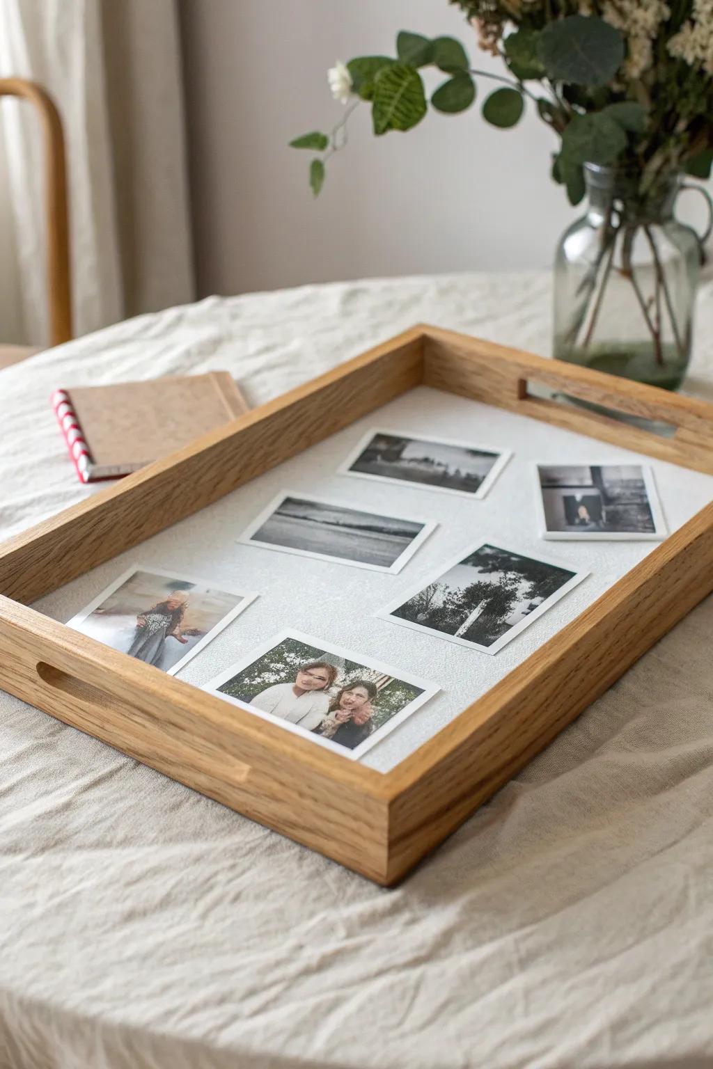 A clear resin tray with tiny wedding photos—an unforgettable centerpiece for your display table.