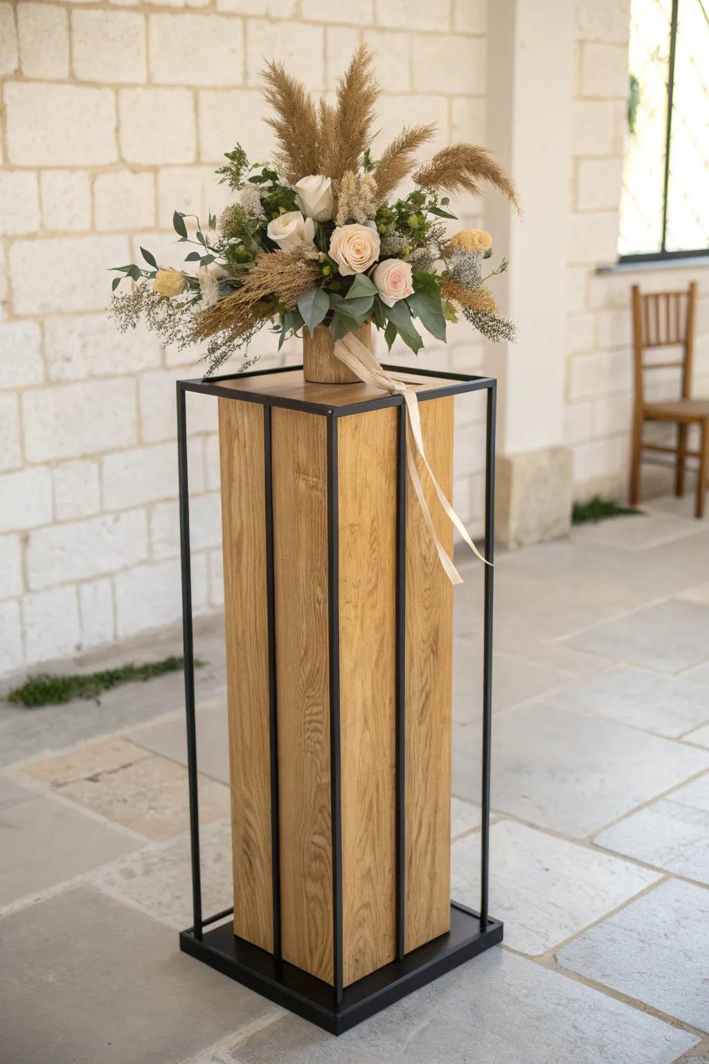 Sleek metal frame + warm oak base: a modern wedding pillar with a soft asymmetrical bloom.