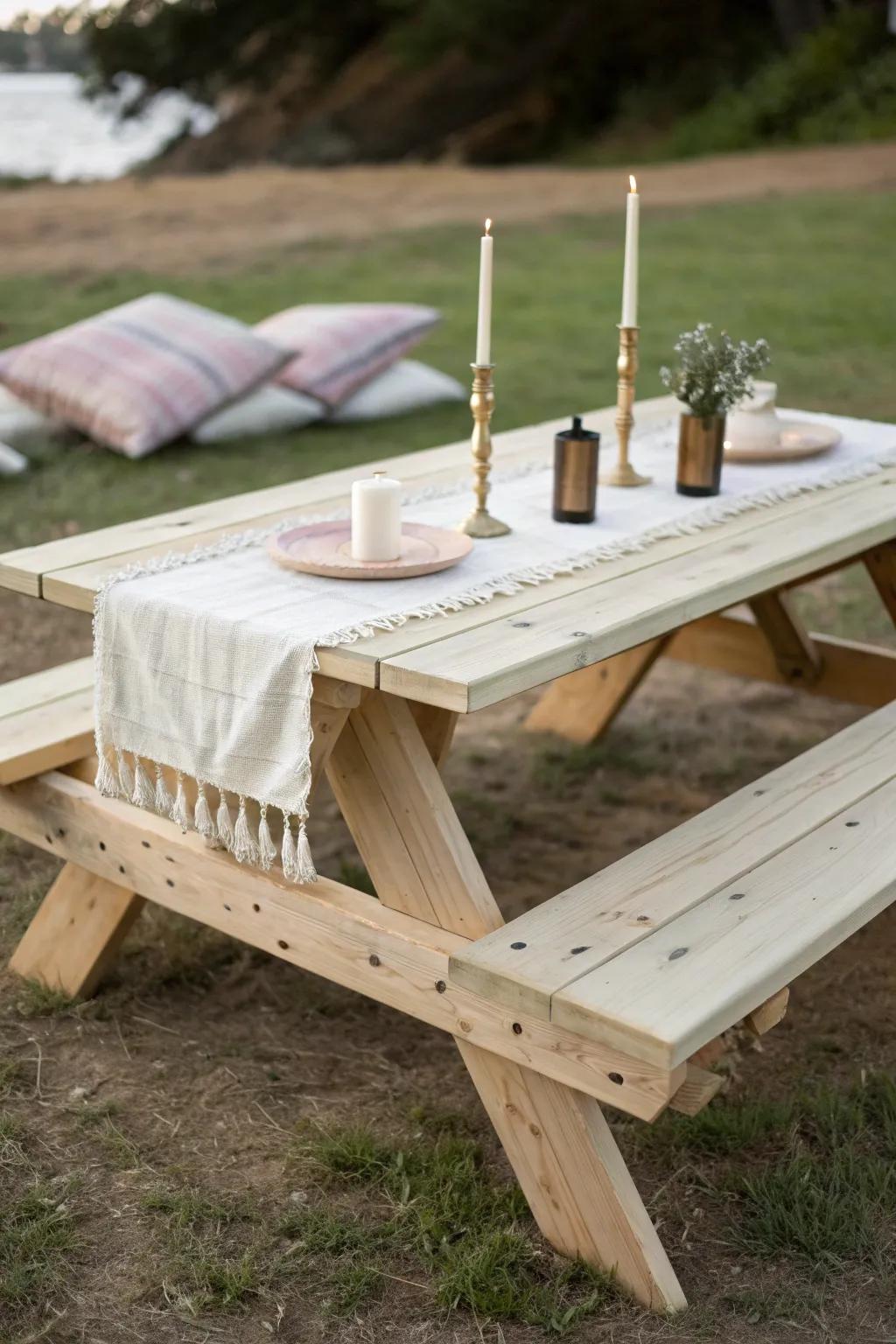 Low wooden picnic table with linen runner and taper candles—cozy, minimalist wedding magic.