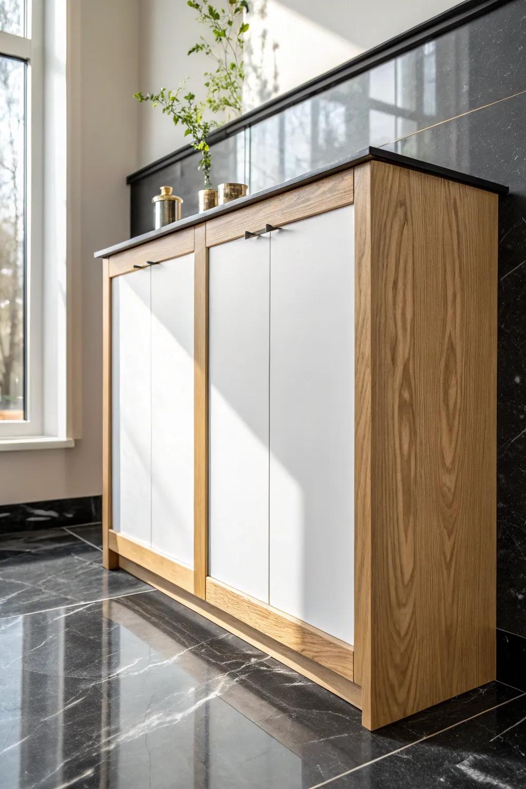 Two-tone cabinets—warm white uppers + light oak lowers—make black granite feel balanced.