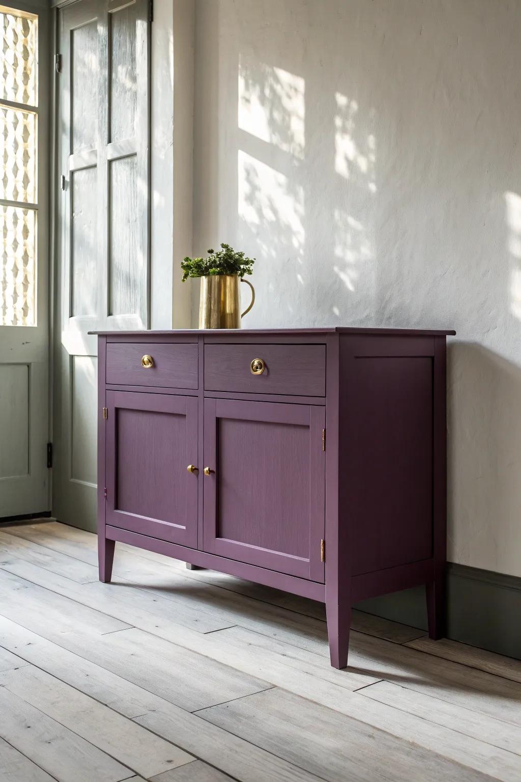 Plum sideboard on gray floors—moody, sophisticated contrast finished with warm brass pulls.