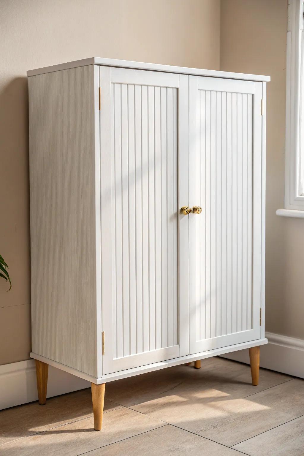 Fluted white cabinet doors add shadowy texture—clean, calm, and quietly luxurious.