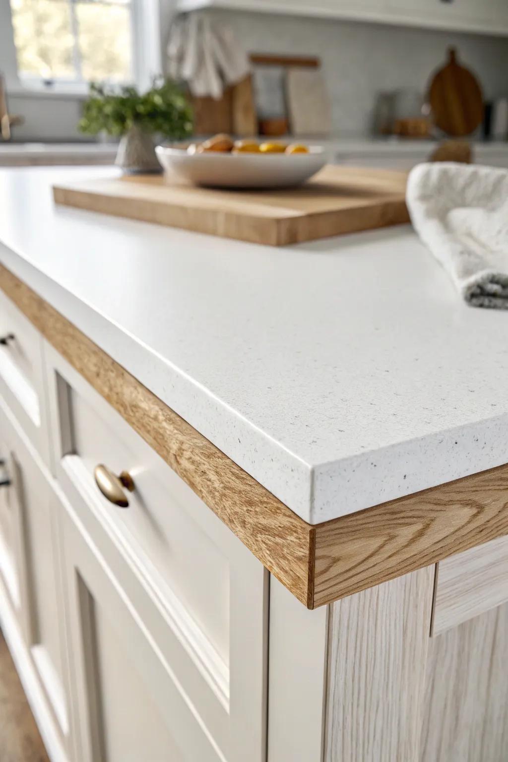 A razor-thin wood inlay on white quartz adds a subtle, high-end custom edge detail.
