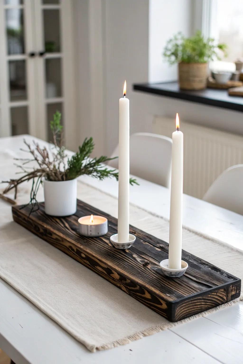 Charred wood + white tapers: a bold, natural centerpiece moment for a white dining table.