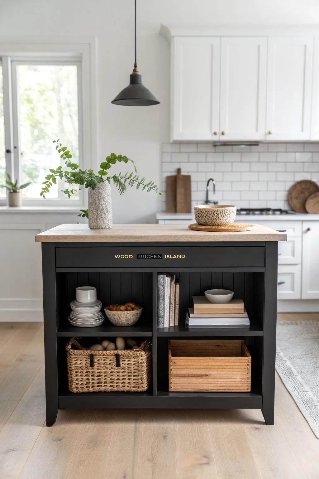 Built-in open shelves on a black island add warmth and function to a crisp white kitchen.
