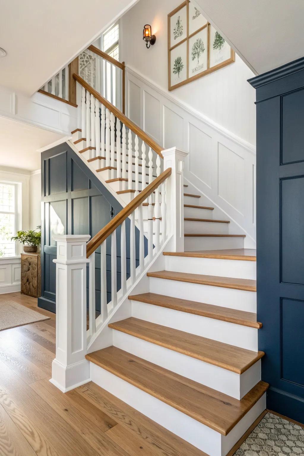 Deep navy stair stringer trim ties white walls together—minimal, bold, and beautifully crafted.