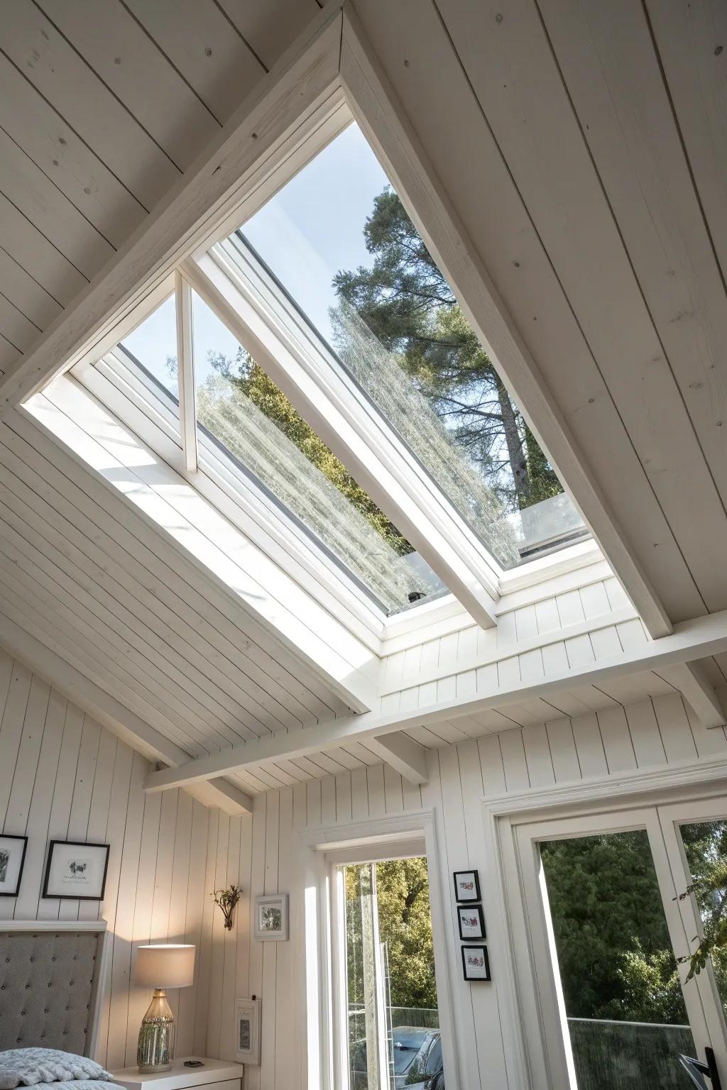 Sunlit skylight framed by white plank ceiling—crisp trim, airy contrast, crafted calm.