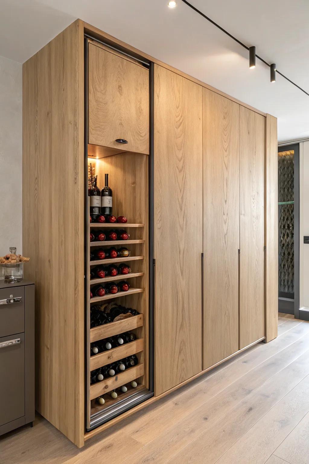 A seamless wood panel wall hides a warm-lit wine cabinet—minimal, calm, and beautifully crafted.