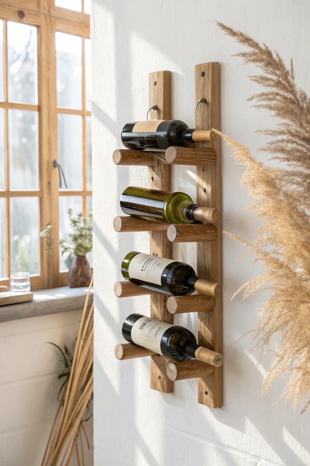 Floating peg wine rack wall art—minimal oak dowels that make bottles look weightless.