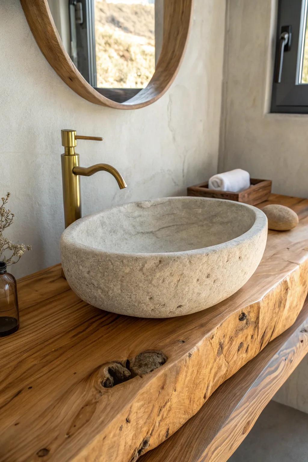 River rock sink on a chunky wood slab—earthy contrast with calm Scandinavian simplicity.