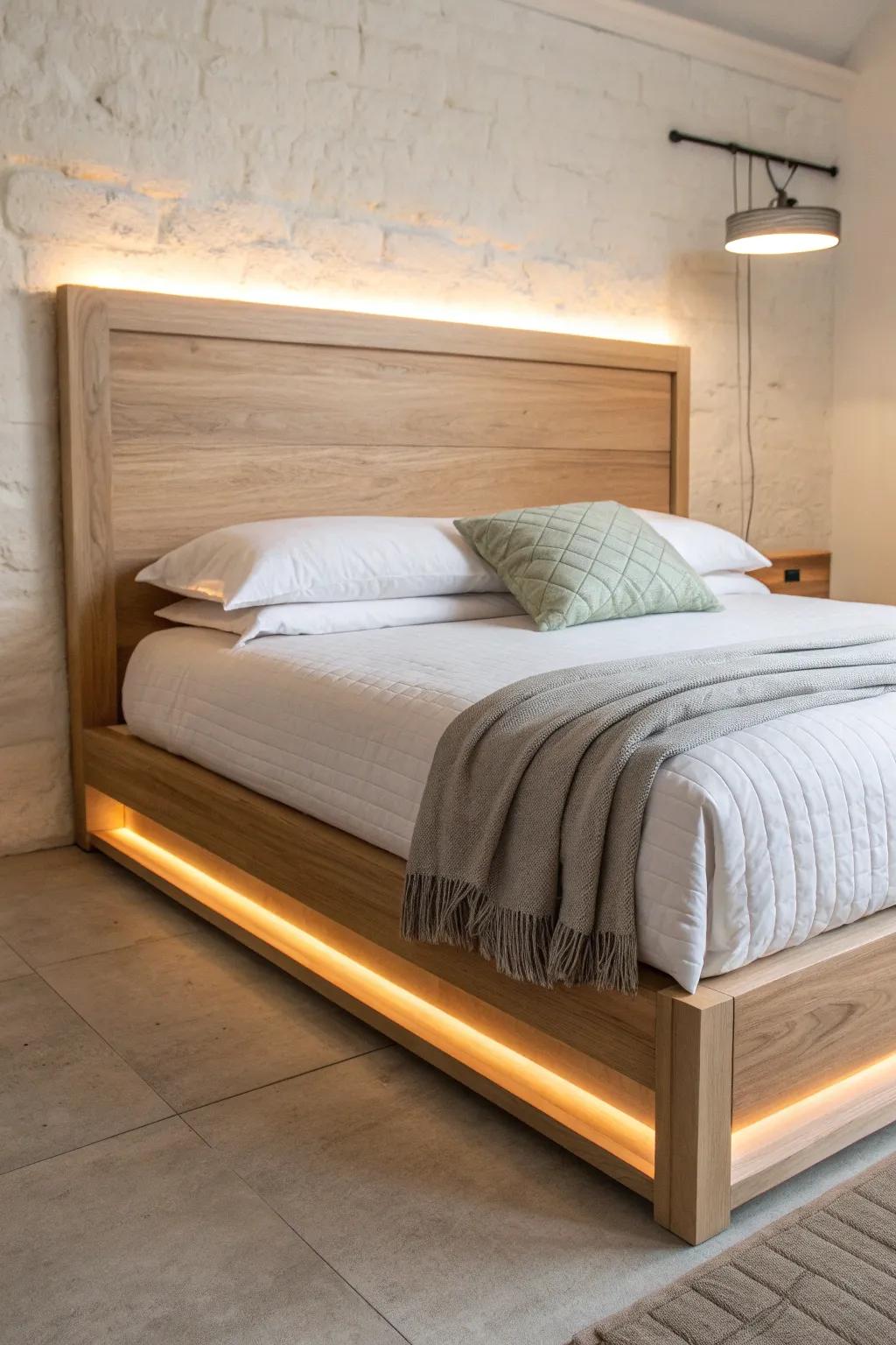 Hidden LED backlighting turns a simple oak headboard into a soft, boutique-hotel glow.