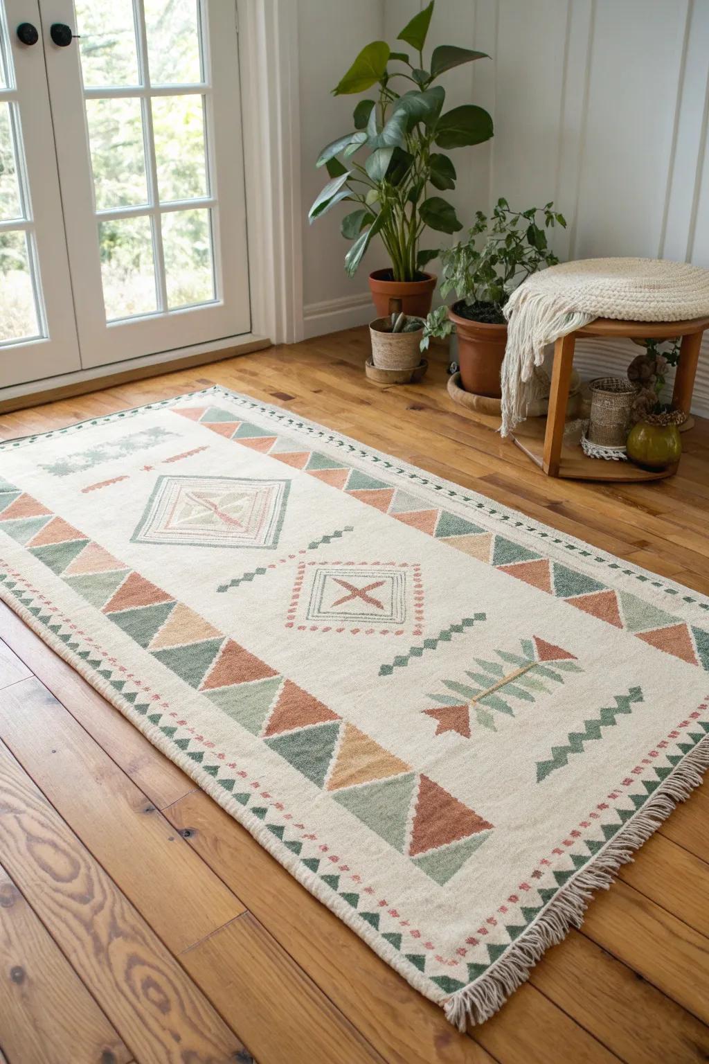 Hand-painted floorcloth rug adds boho pattern and protects your beautiful wood floors.