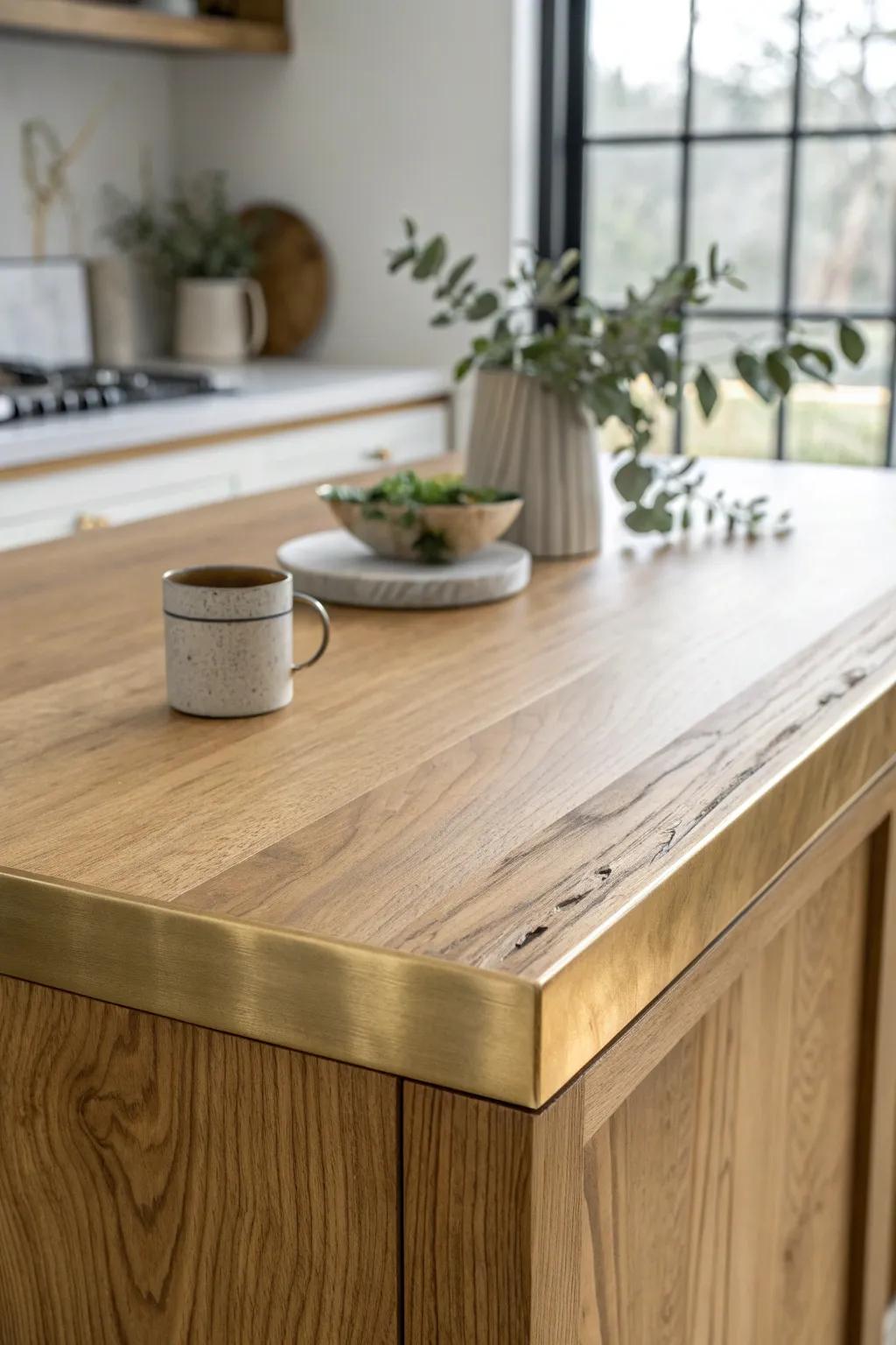 Warm wood countertop with sleek brass edge banding—modern protection with handcrafted charm.