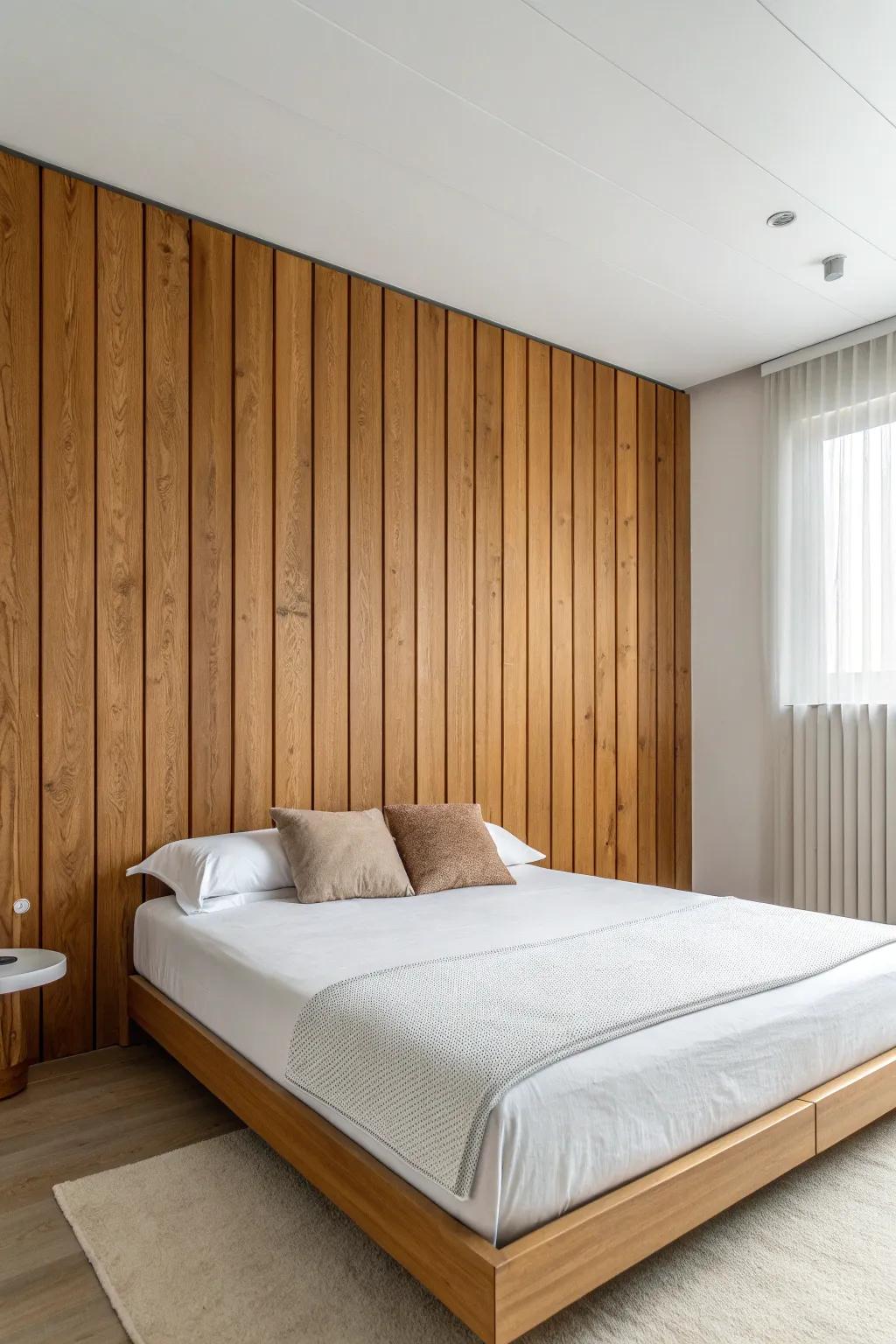 Two-tone wood paneling + a crisp painted border frames the bed for a calm, crafted look.