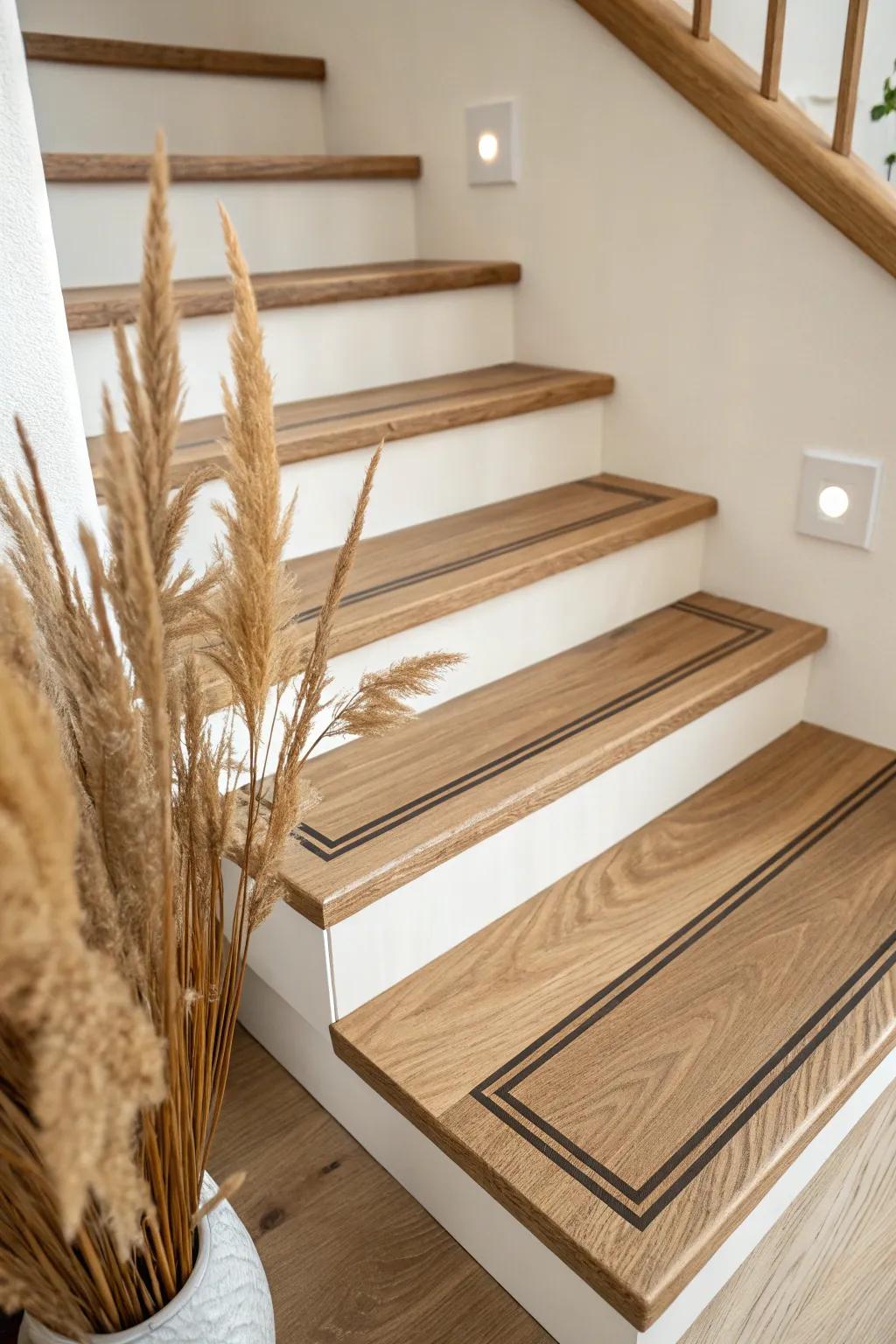 Slim walnut inlay stripes give a simple oak stair tread a custom, high-end finish.
