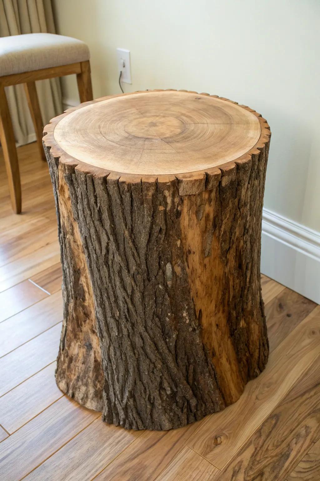 Live edge stump pedestal base: raw grain checks, smooth top, and minimalist Nordic warmth.
