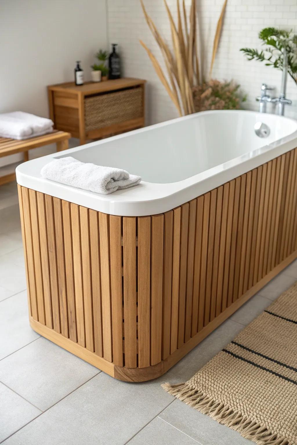 Slatted teak-look tub apron for a modern spa vibe—clean lines, warm grain, luxe contrast.