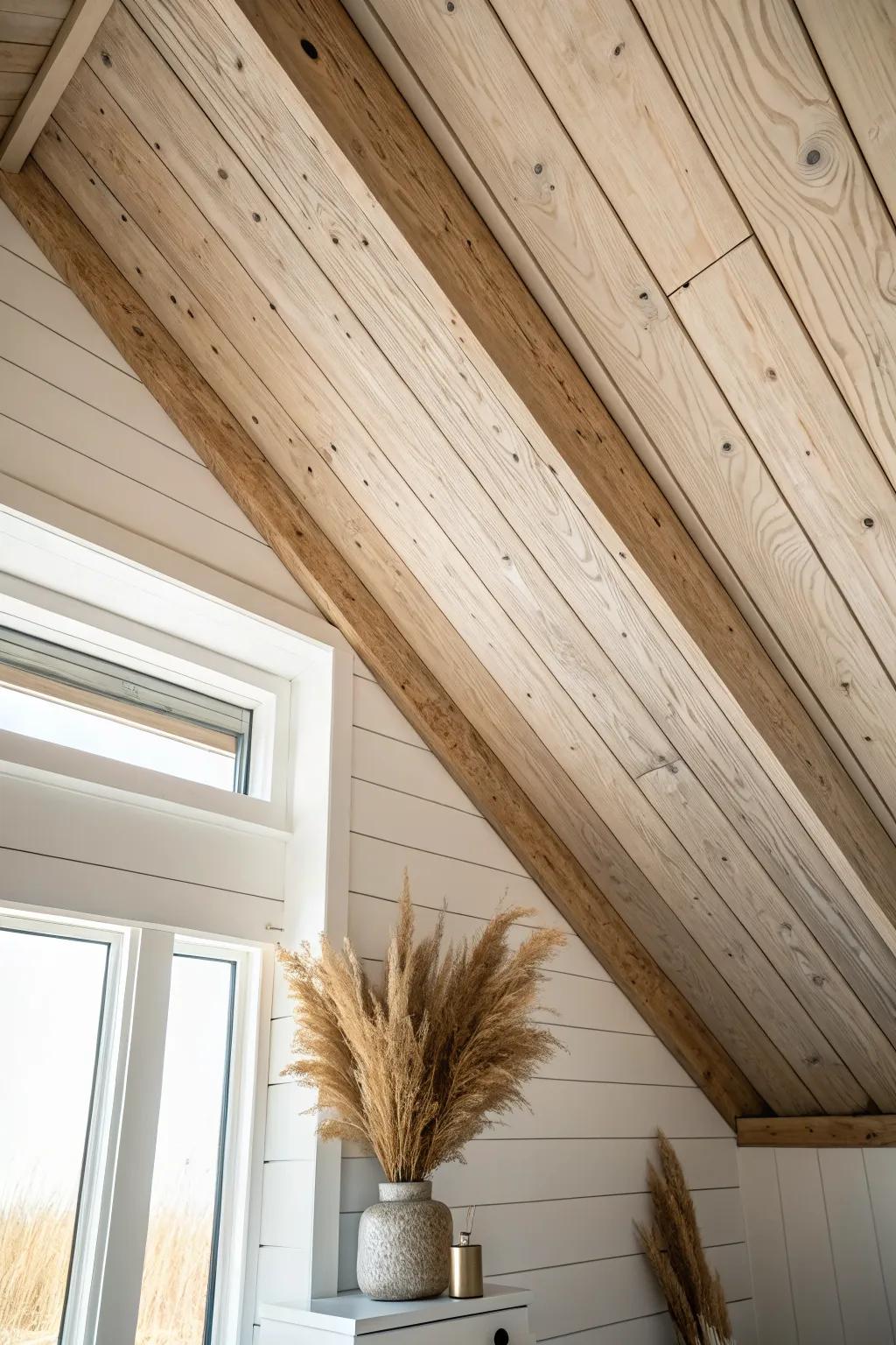 Two-tone wood planks add subtle contrast to a vaulted ceiling—light boards with a deeper ridge.