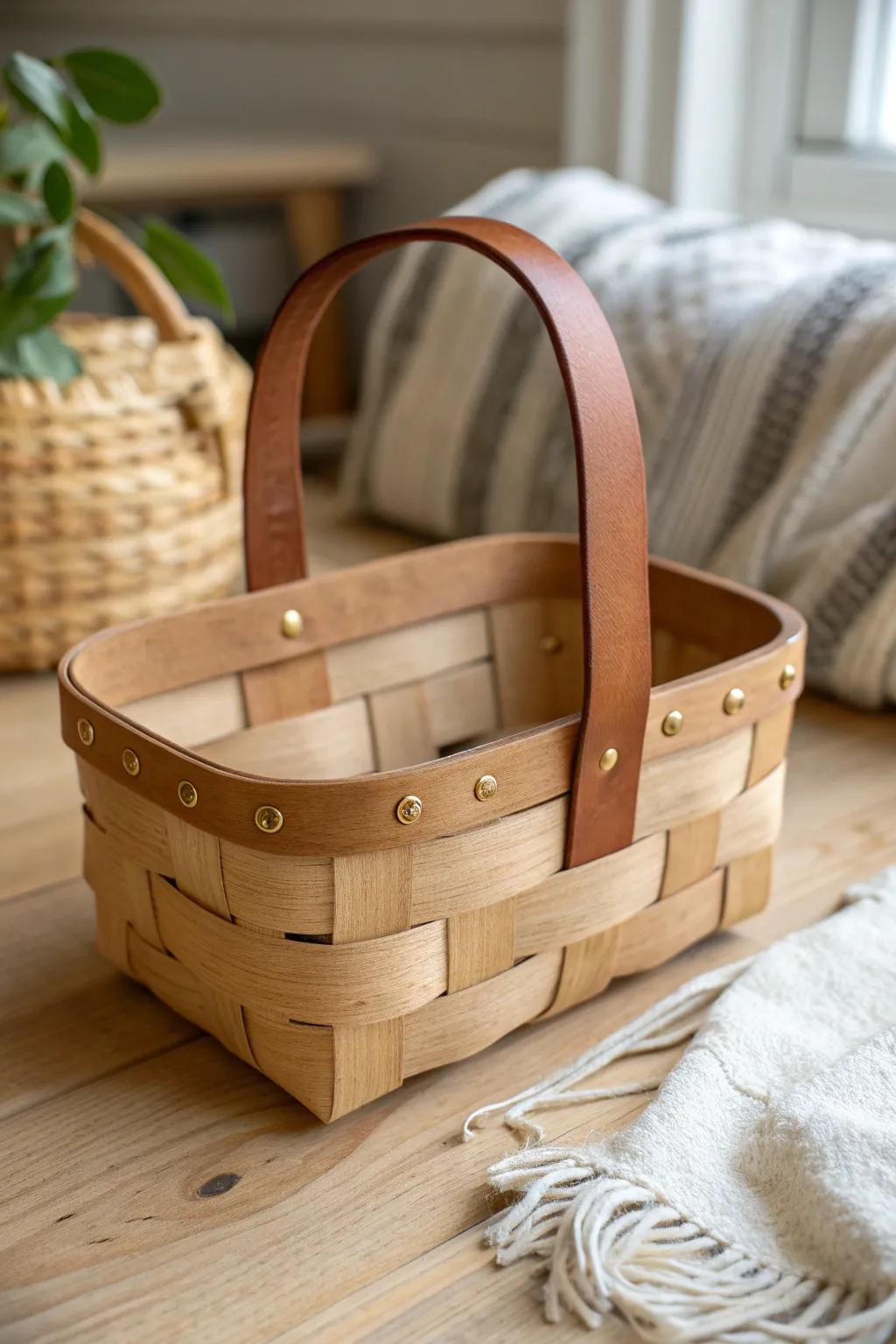 Elevate a wooden basket instantly with warm leather strap handles and simple brass rivets.