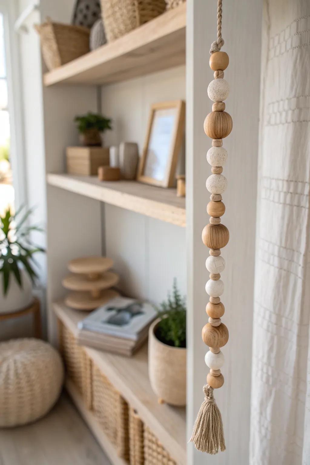 A simple wooden bead curtain adds movement and hides shelf clutter—Scandi with a boho twist.