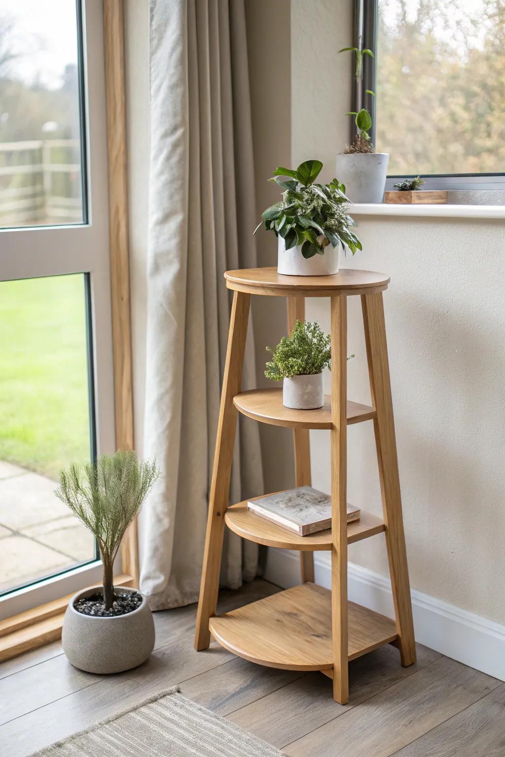 Stair-step wooden corner table that doubles as a minimalist plant tower in soft window light.