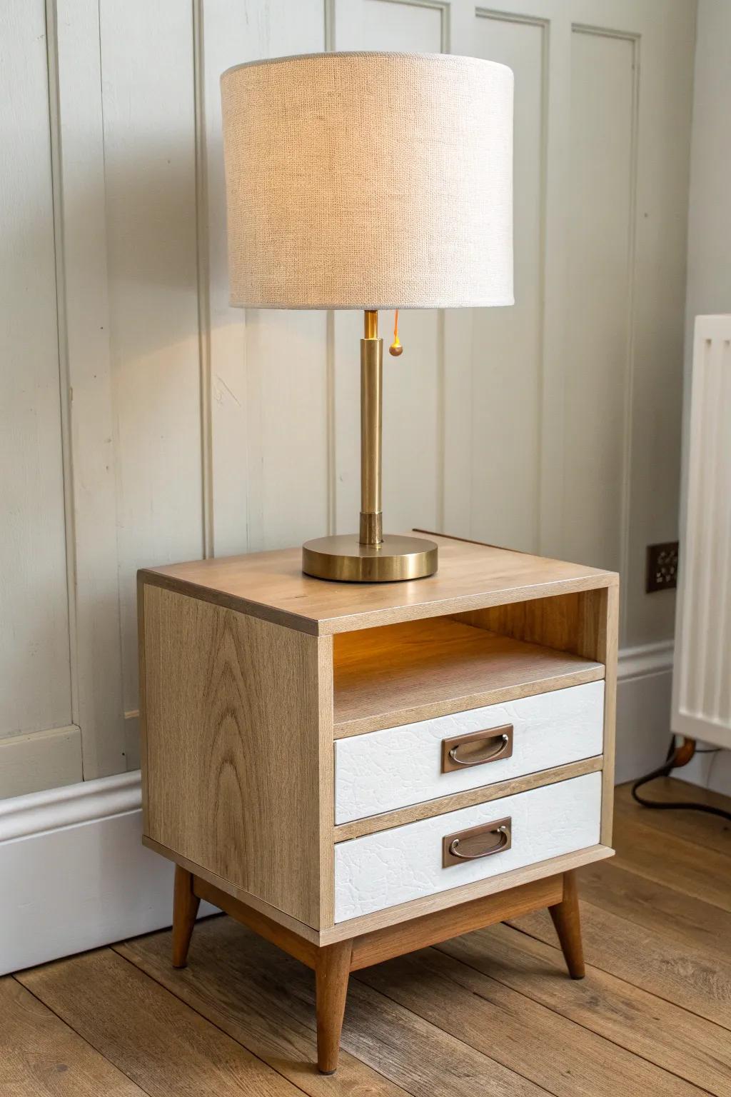 Upcycled wood drawer lamp base—warm linen shade, hidden cord, and storage in one.