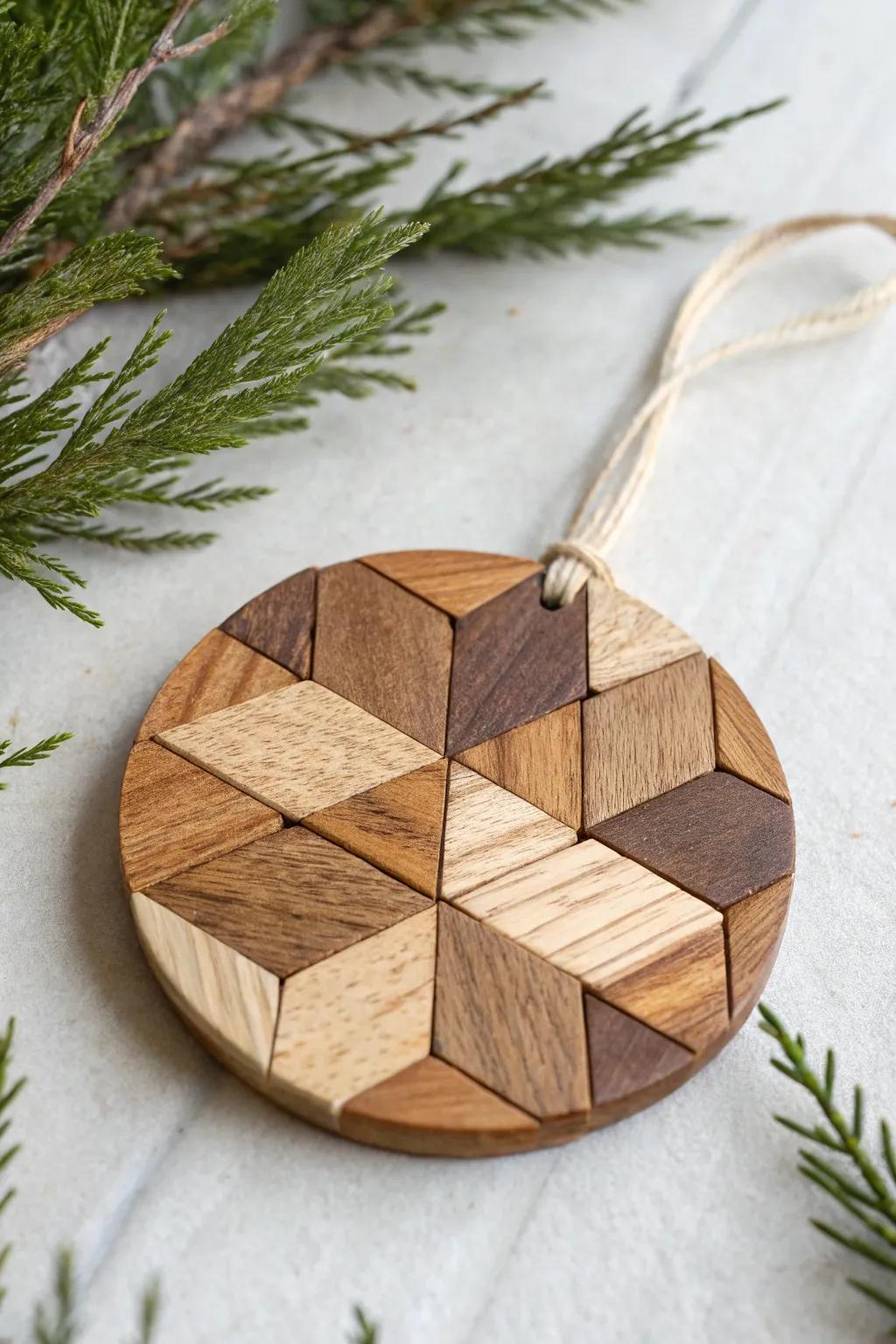 Veneer-scrap mosaic ornament with high-end patchwork grain—minimal, warm, handmade.