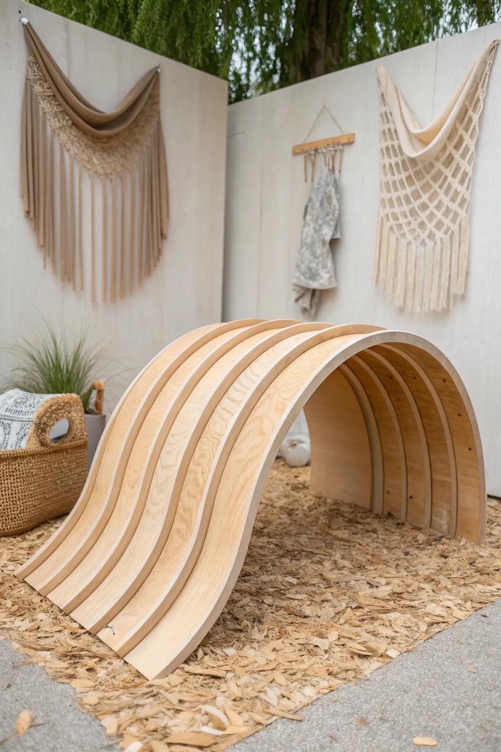 Sculptural curved plywood climber—minimalist, boho-soft, and made for little adventurers.