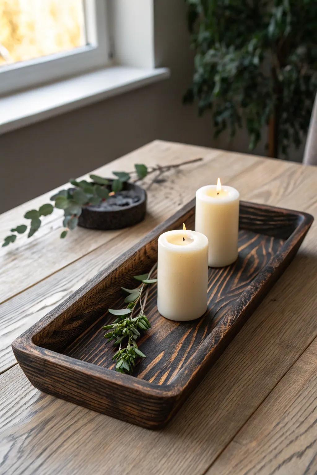Moody charred wood tray with creamy candles and eucalyptus—minimal, dramatic, and luxe.