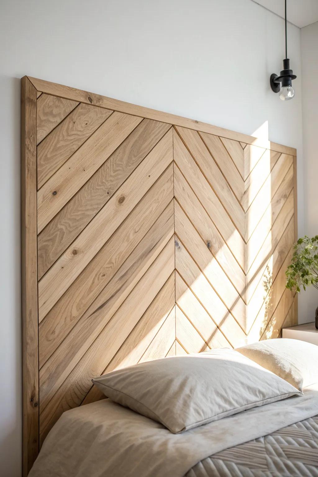 Chevron wood panel headboard wall—simple, warm movement for a calm Scandinavian bedroom.