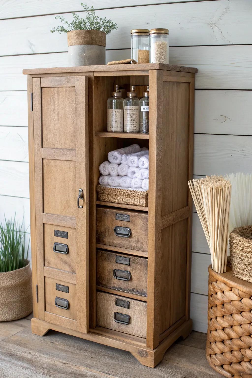Upcycled cabinet finish locker: brushes, rags, and stains neatly stored in one calming spot.