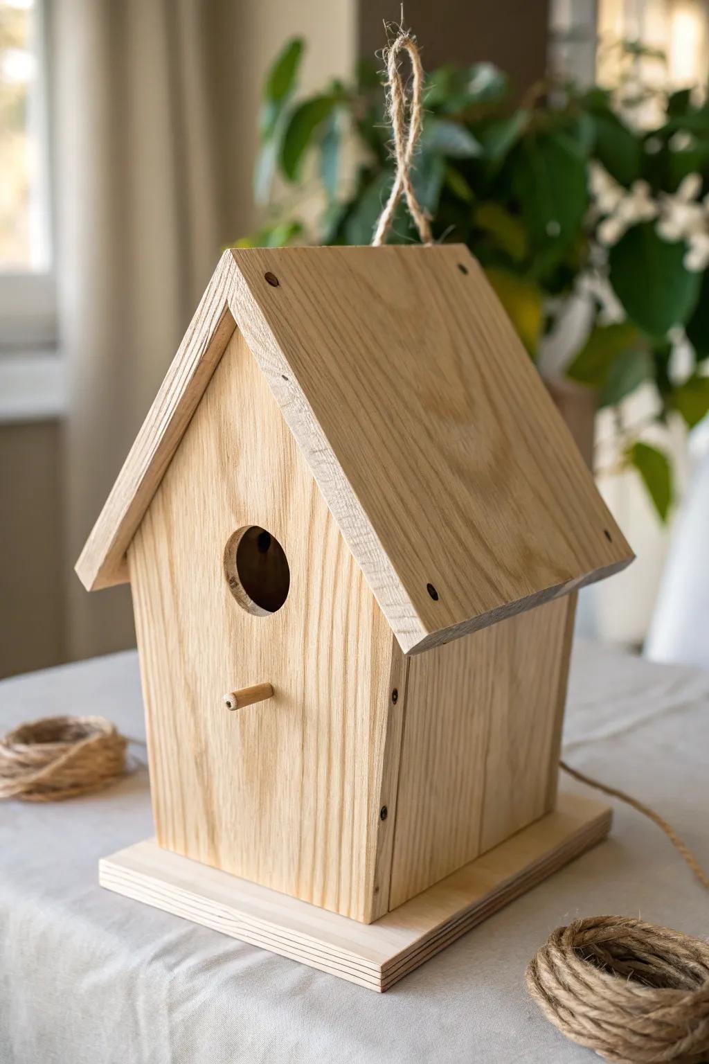 Clean-line wooden birdhouse with a removable back—minimalist craft that feels smart.