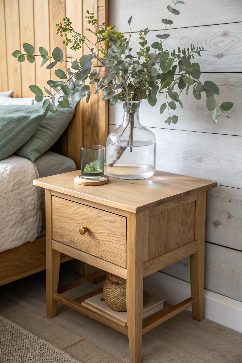 Eucalyptus greenery that makes warm wood grain glow—simple, calm, and forest-fresh.