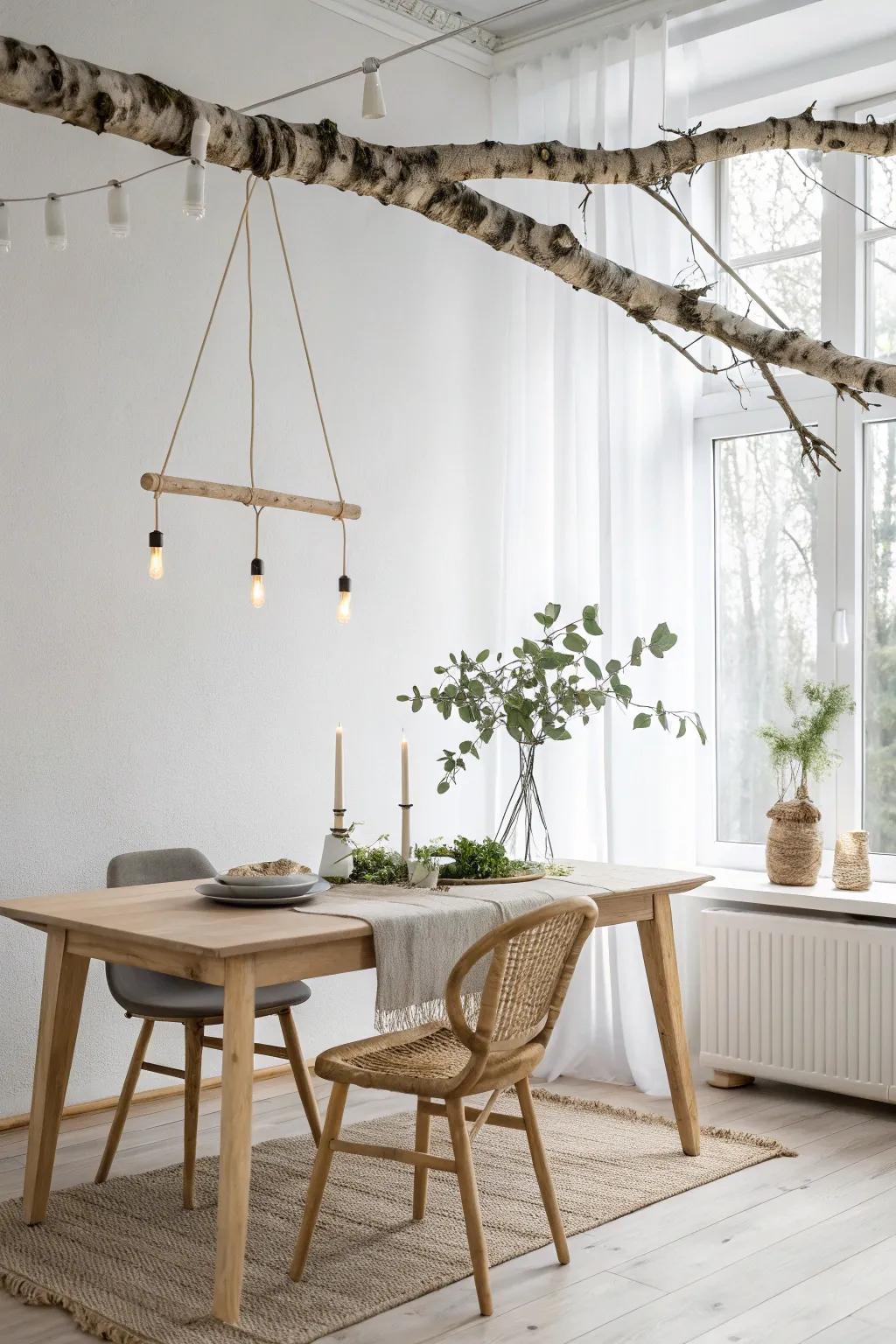 A suspended birch branch with warm lights for an instant forest-canopy dining moment.