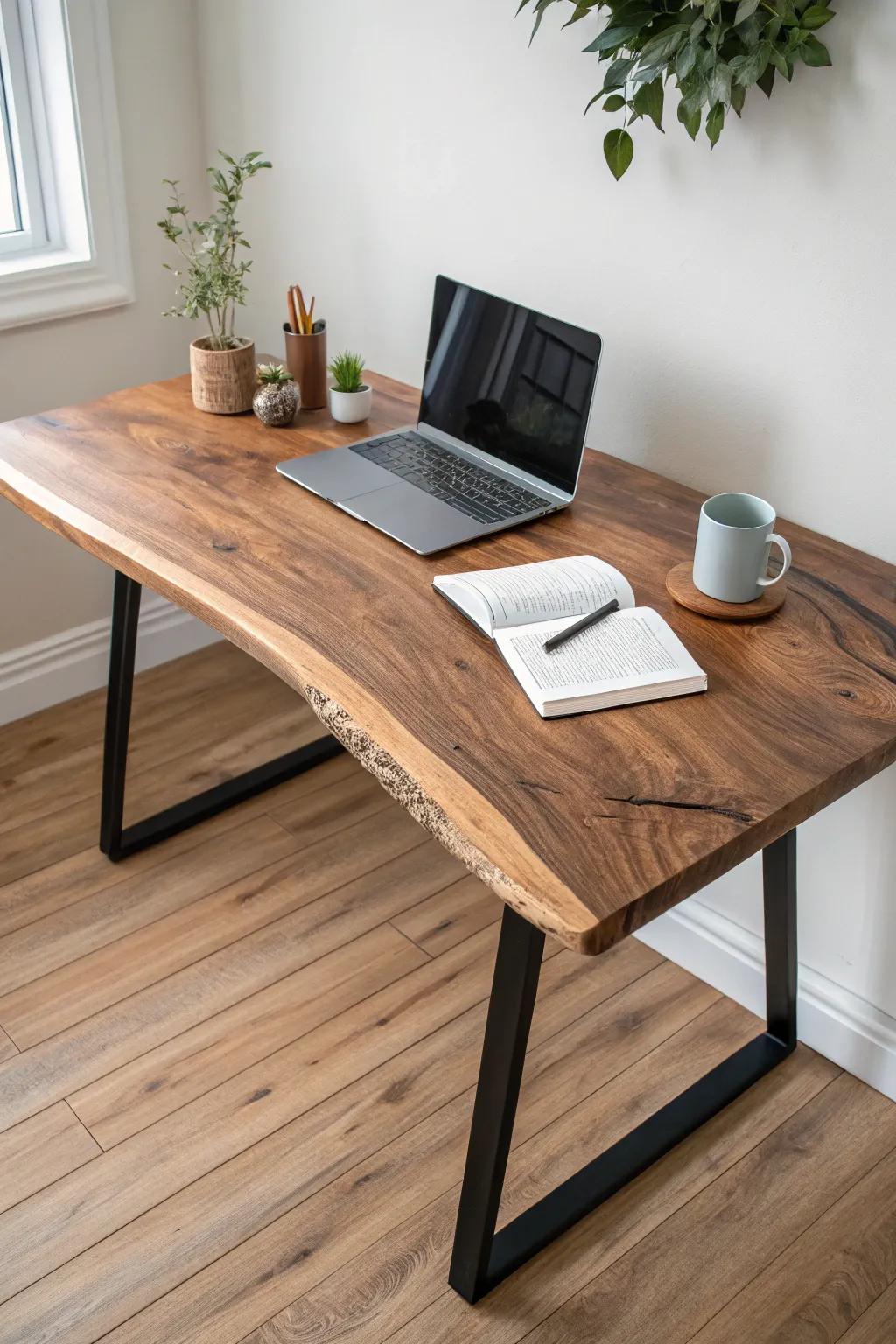 A live-edge slab desk that turns a simple WFH corner into a warm, minimalist statement.