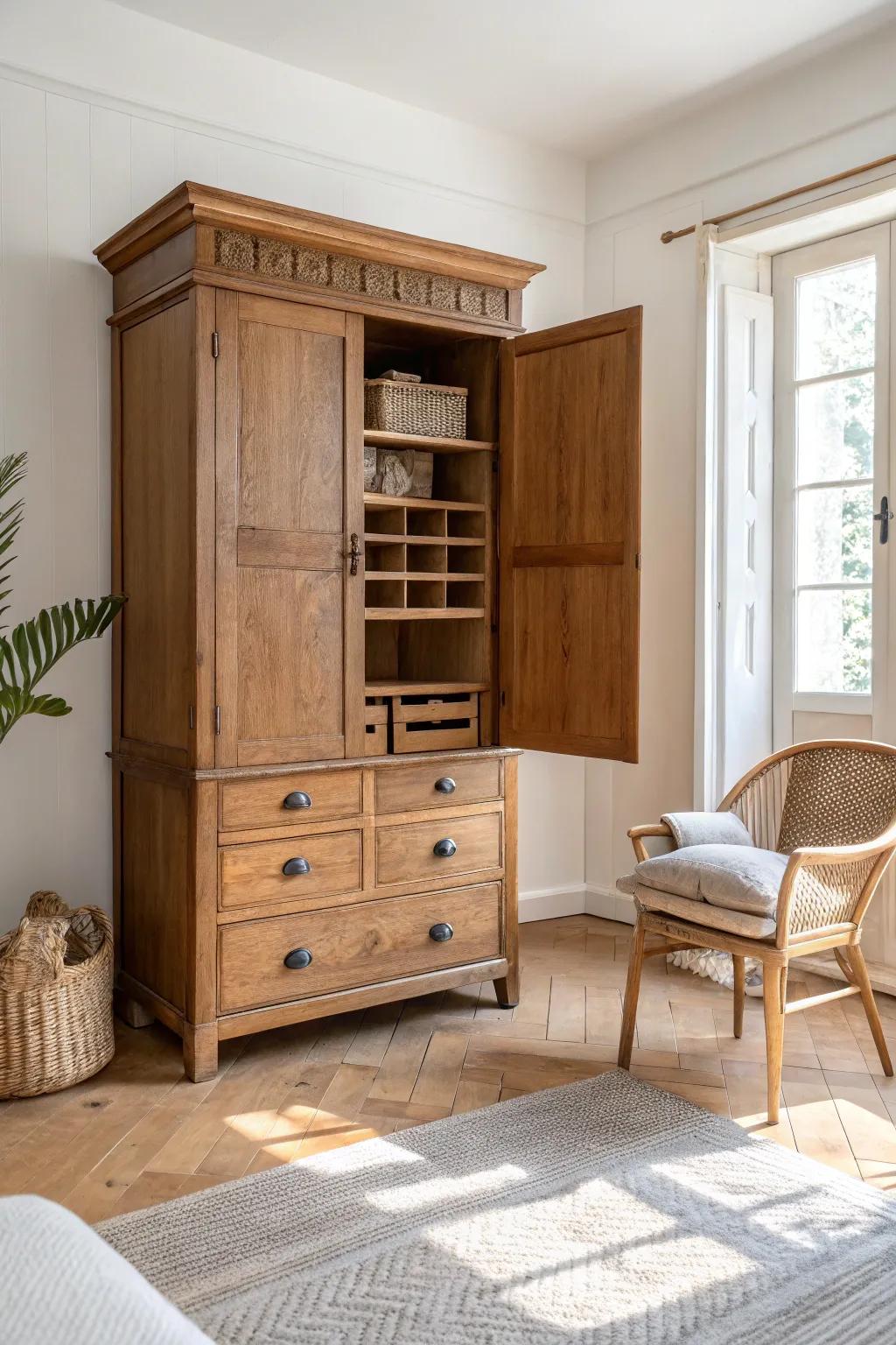 A vintage armoire that looks like decor—until it opens into a complete, hidden workstation.